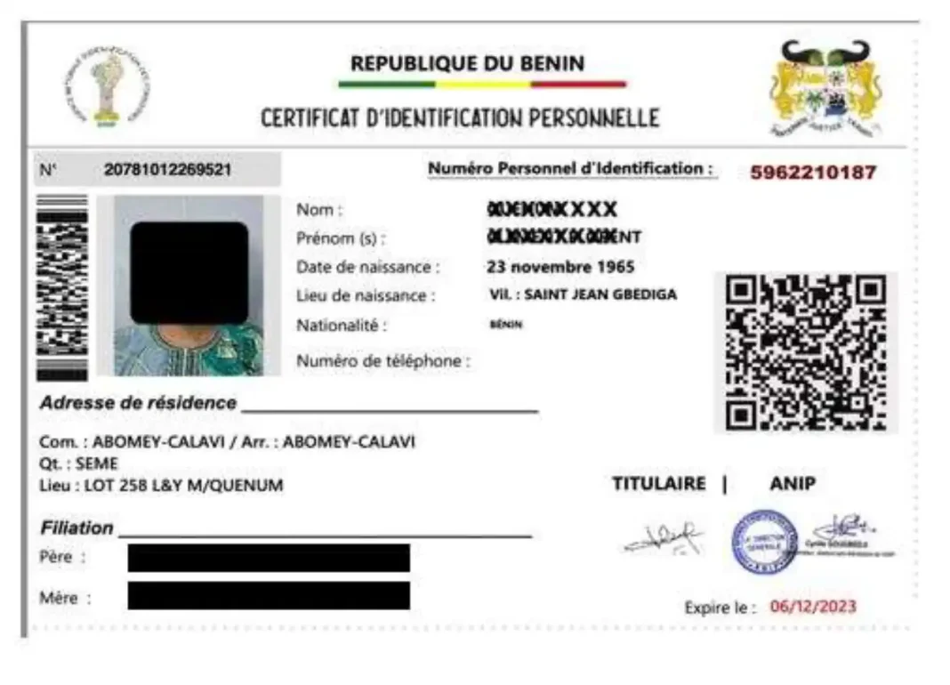 Certificat d'identification personnel CIP dÃ©livrÃ© par l'ANIP